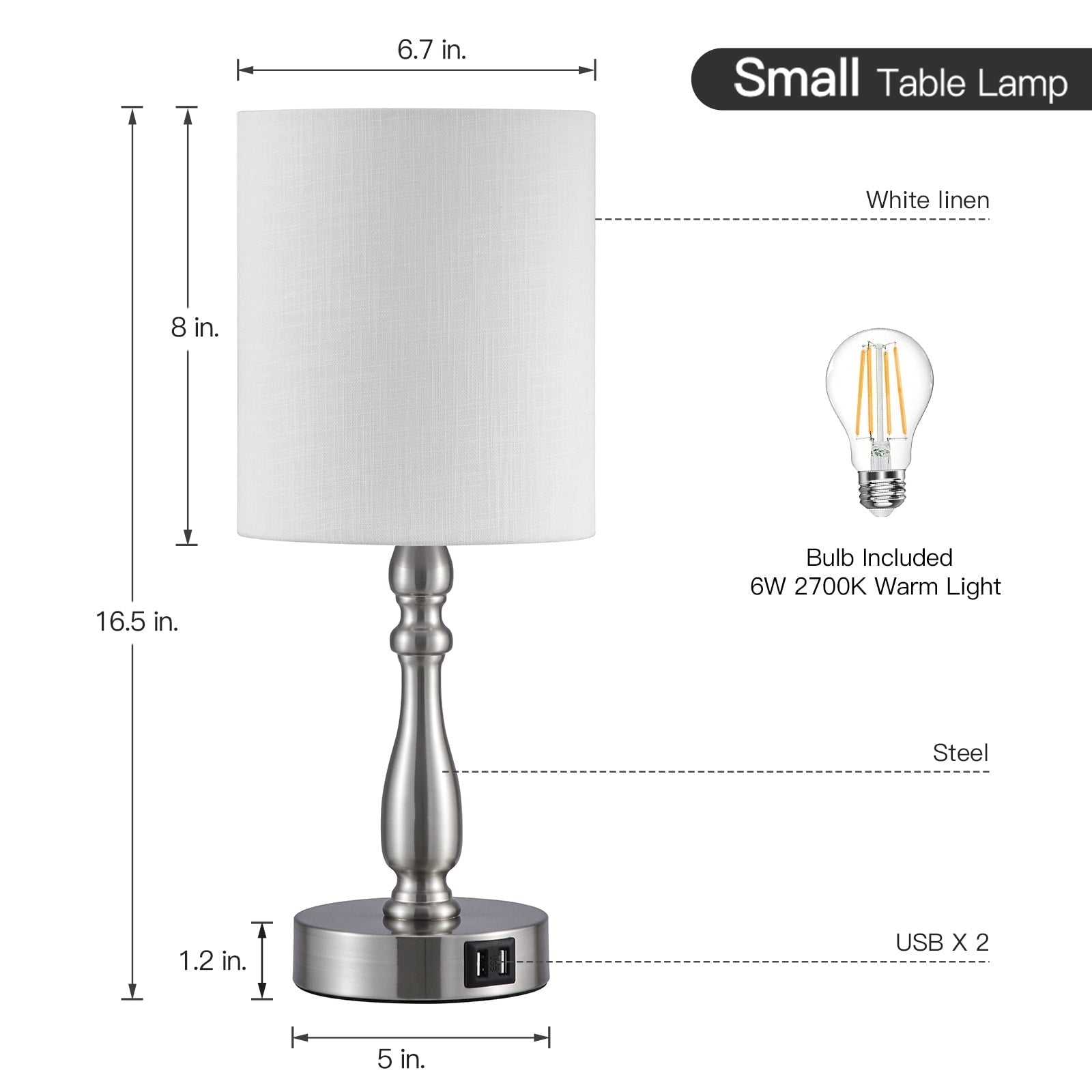 Petite lampe de table tactile à intensité variable 3 voies avec 2 ports USB, acier brossé