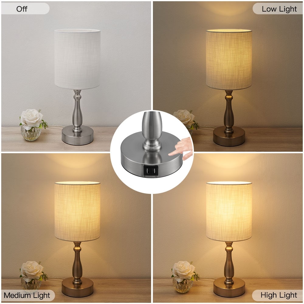Petite lampe de table tactile à intensité variable 3 voies avec 2 ports USB, acier brossé