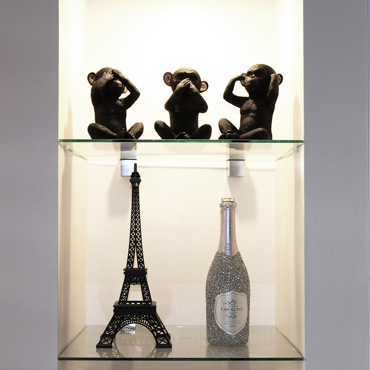 3 singes sages parlent, entendent, ne voient pas le mal, résine noire et or, lot de 3