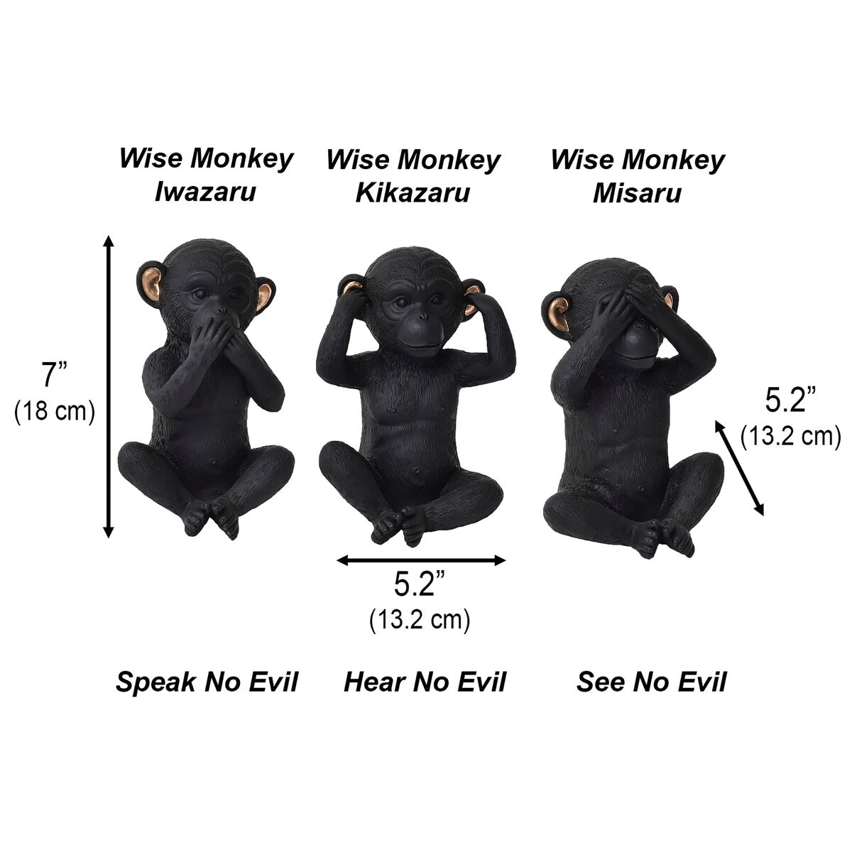 3 singes sages parlent, entendent, ne voient pas le mal, résine noire et or, lot de 3