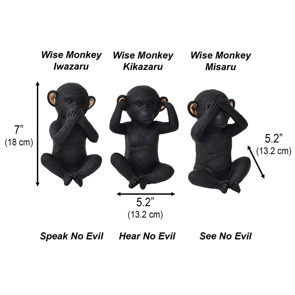 3 singes sages parlent, entendent, ne voient pas le mal, résine noire et or, lot de 3