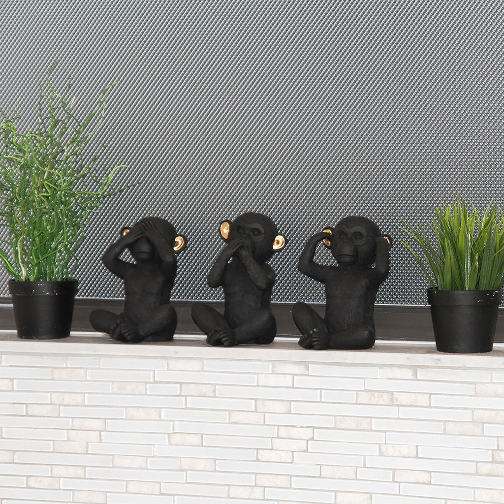 3 singes sages parlent, entendent, ne voient pas le mal, résine noire et or, lot de 3