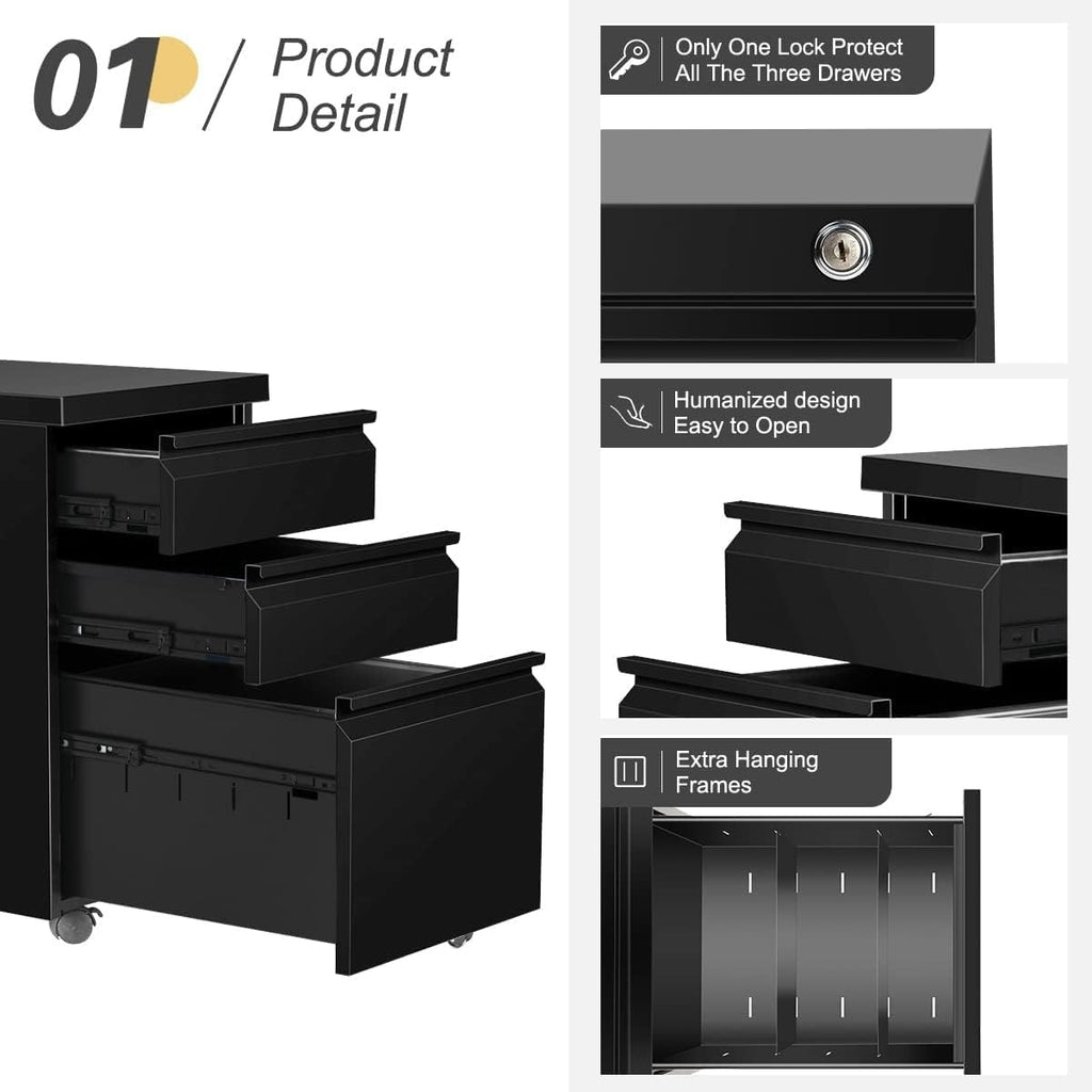Classeur métallique verrouillable à 3 tiroirs pour bureau à domicile, armoire roulante entièrement assemblée