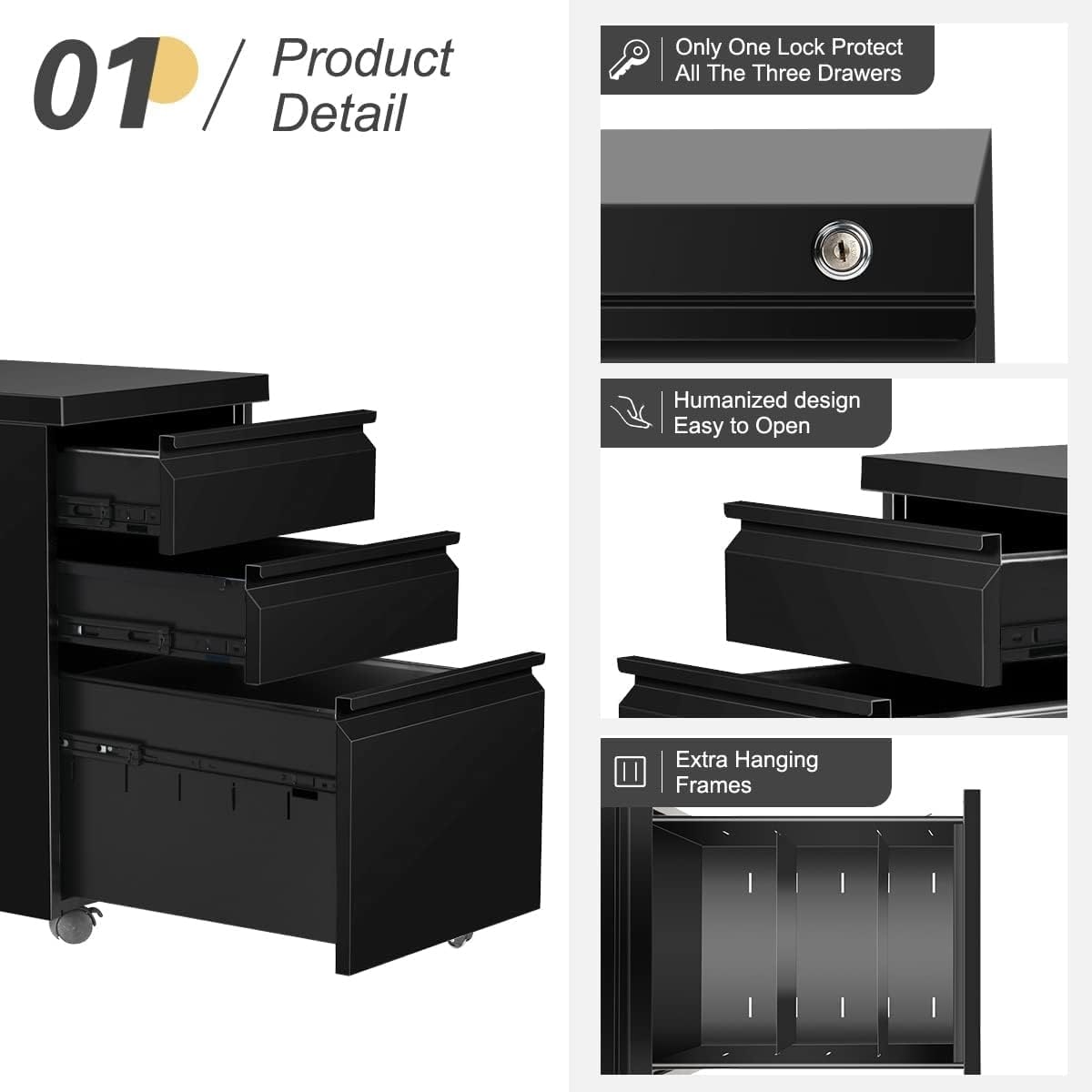 Classeur métallique verrouillable à 3 tiroirs pour bureau à domicile, armoire roulante entièrement assemblée