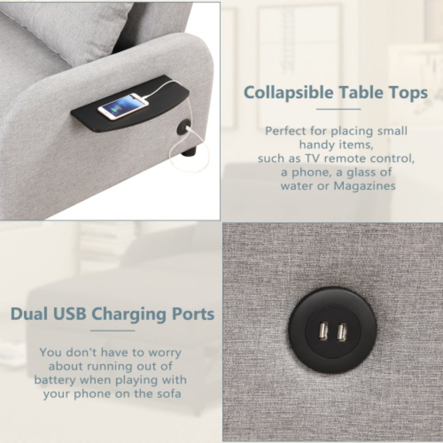 Canapé-lit gigogne 3 en 1 avec table à oreilles pliable et ports USB par Harper&amp;Bright Designs