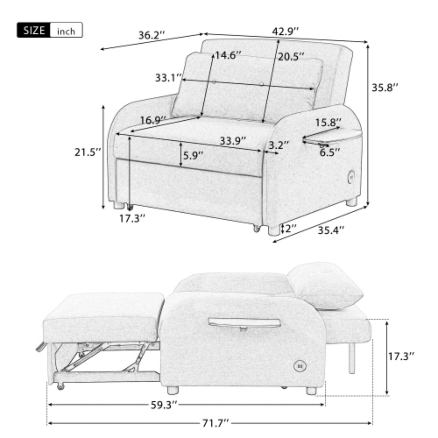 Canapé-lit gigogne 3 en 1 avec table à oreilles pliable et ports USB par Harper&amp;Bright Designs