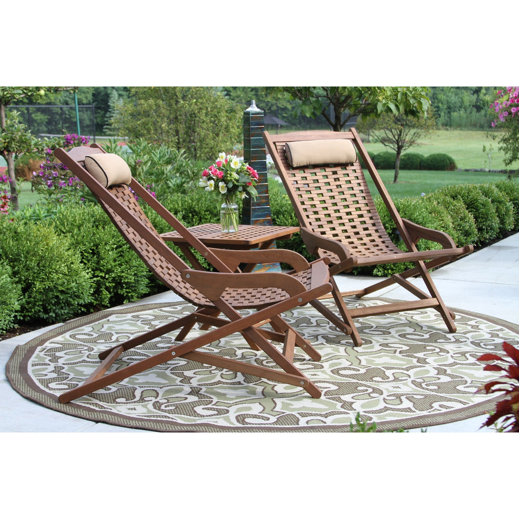Ensemble de 3 chaises longues pliantes Eilaf en eucalyptus avec table d'appoint