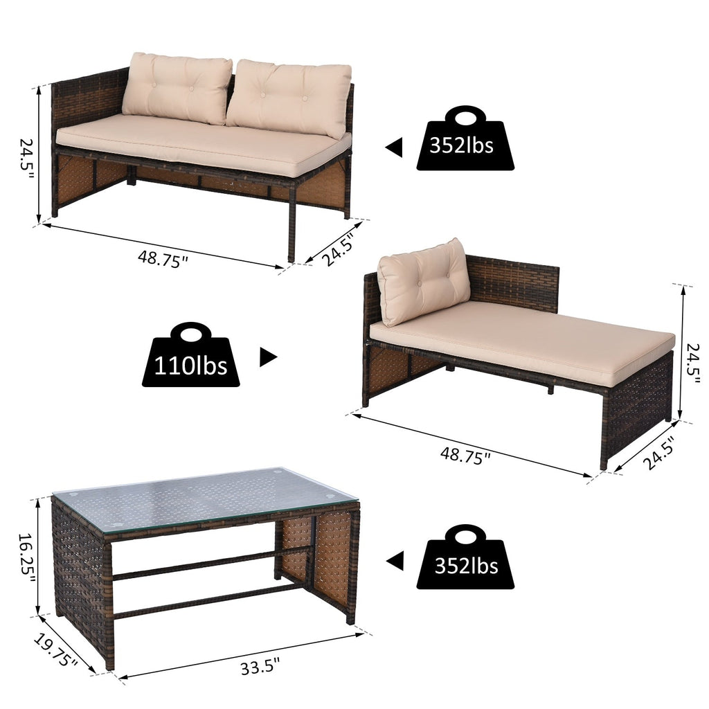 Ensemble de meubles de jardin Outsunny 3 pièces en osier, salon de jardin en rotin, canapé sectionnel avec chaise longue rembourrée