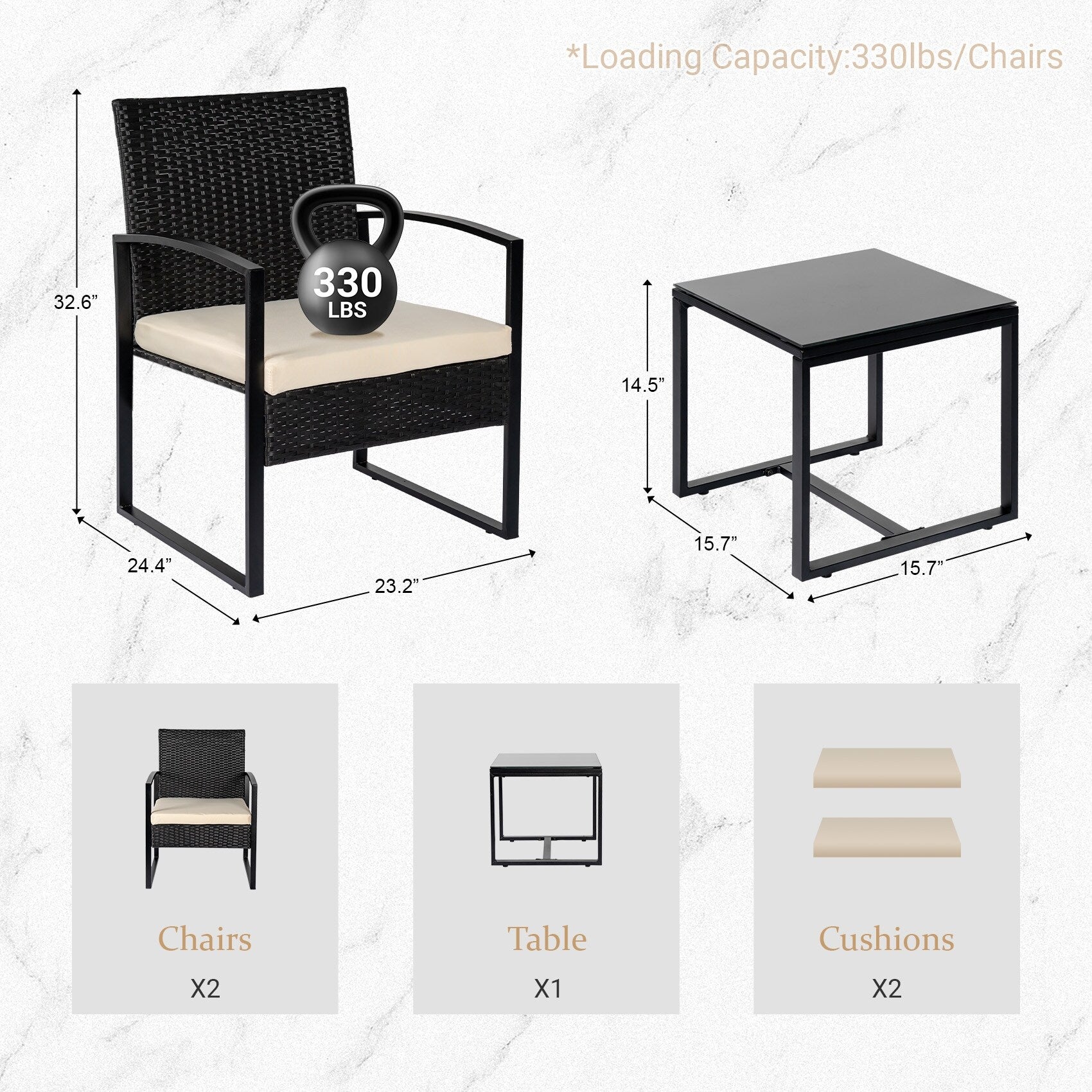 Ensemble de bistrot de jardin 3 pièces avec table en verre et salon de jardin en rotin pour véranda, jardin et balcon