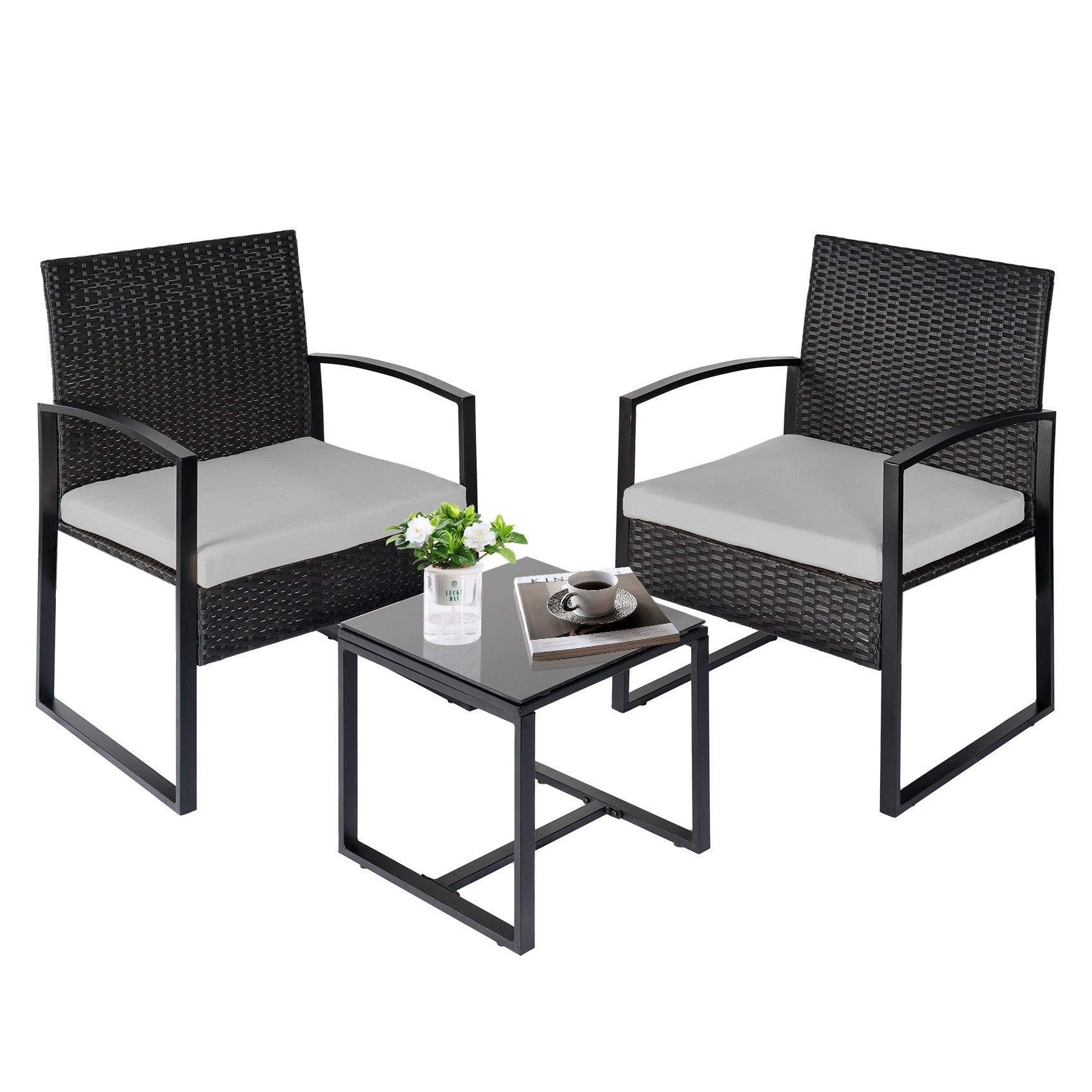 Ensemble de bistrot de jardin 3 pièces avec table en verre et salon de jardin en rotin pour véranda, jardin et balcon