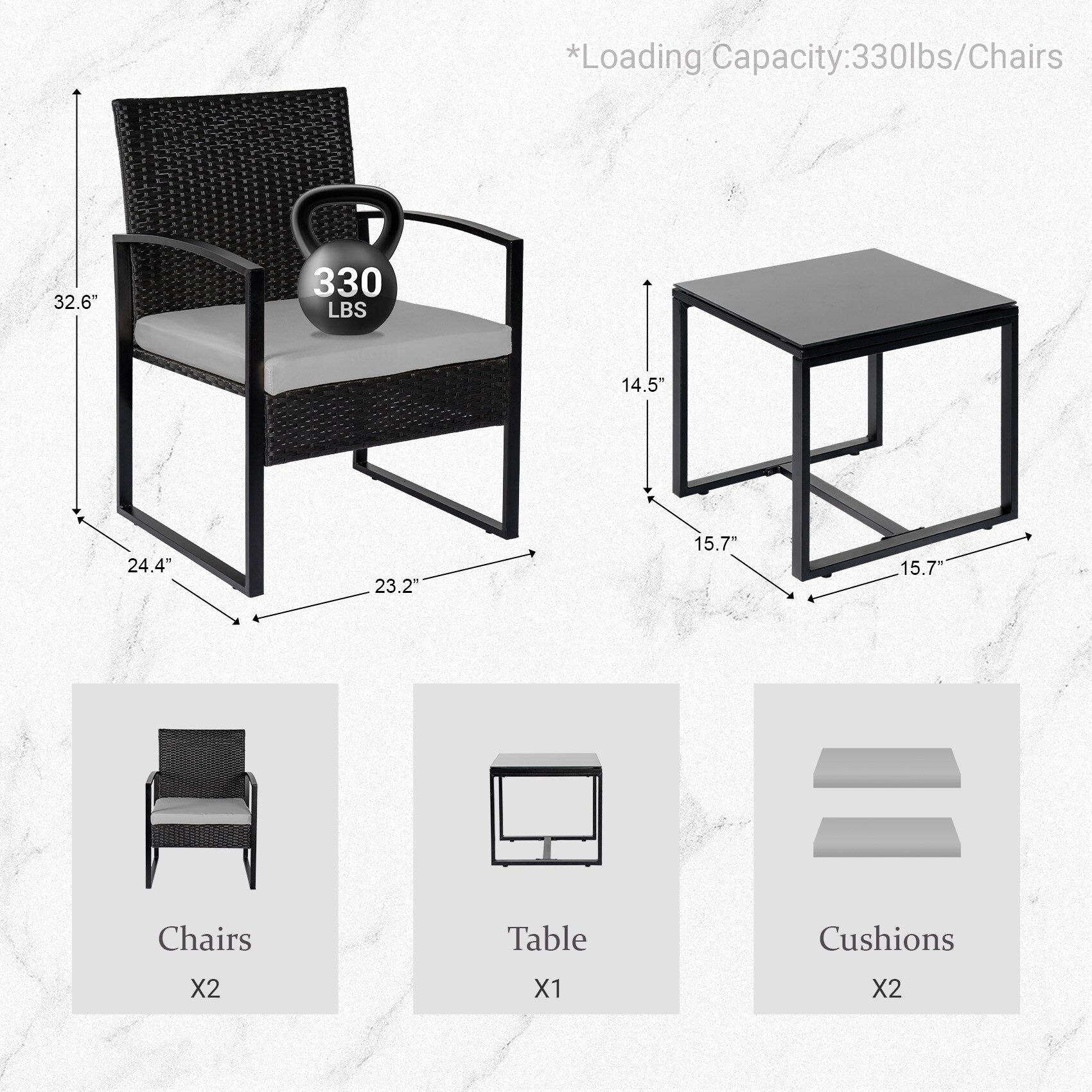 Ensemble de bistrot de jardin 3 pièces avec table en verre et salon de jardin en rotin pour véranda, jardin et balcon