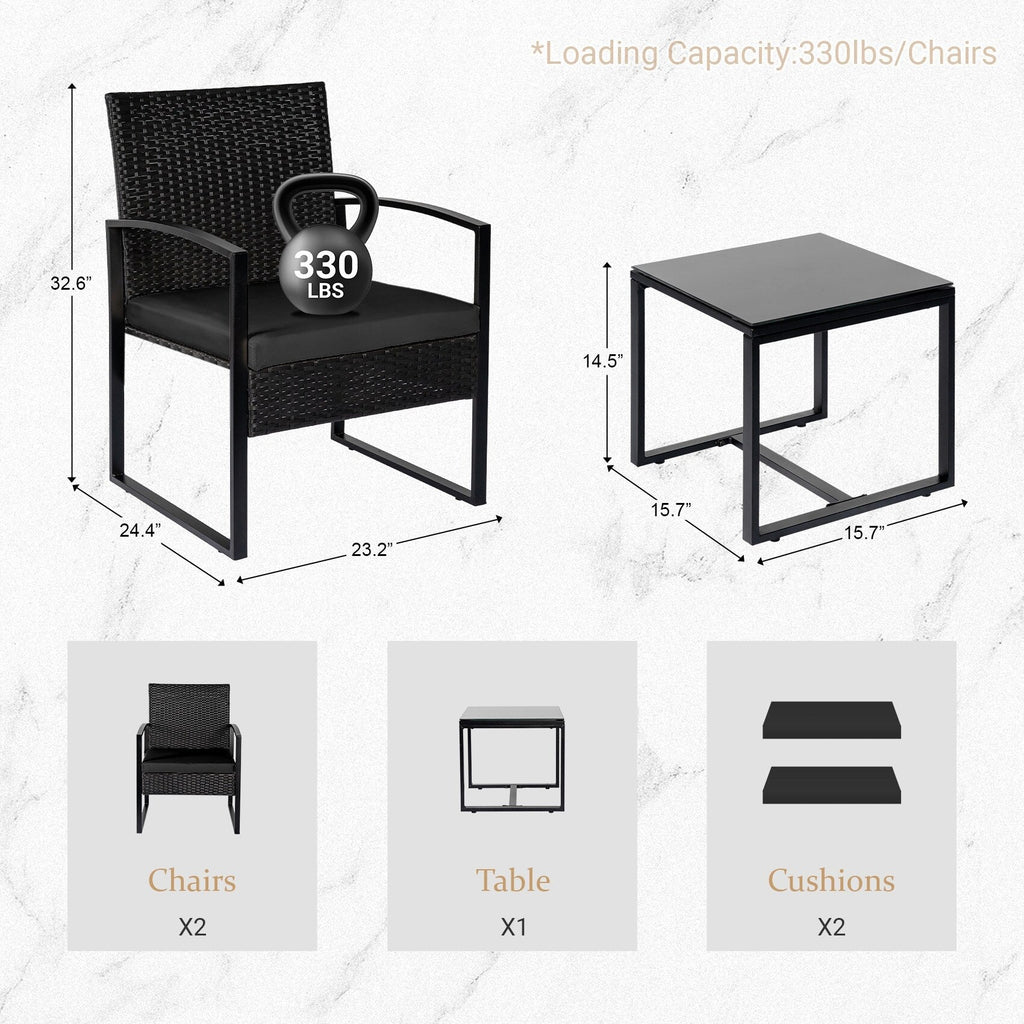 Ensemble de bistrot de jardin 3 pièces avec table en verre et salon de jardin en rotin pour véranda, jardin et balcon