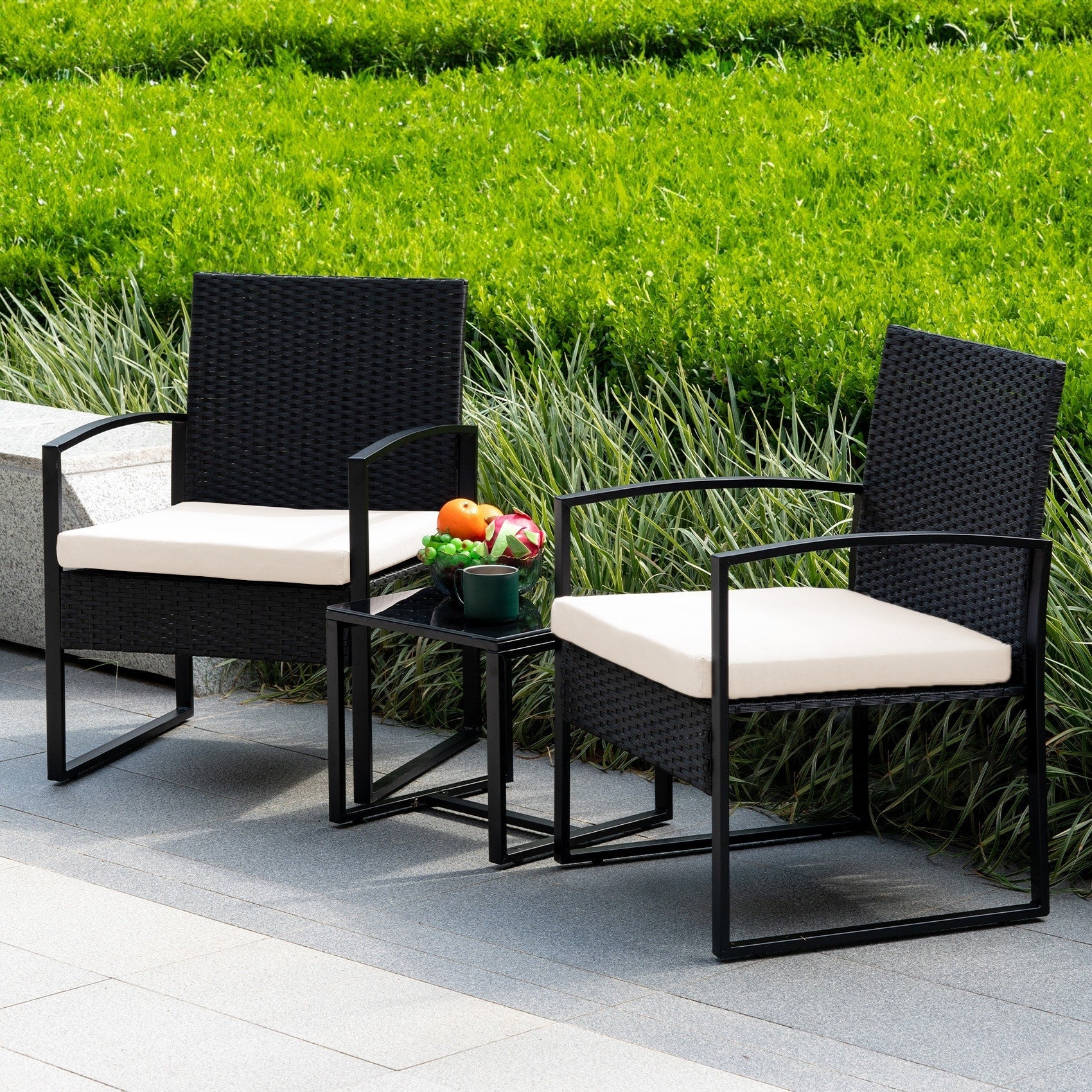 Ensemble de bistrot de jardin 3 pièces avec table en verre et salon de jardin en rotin pour véranda, jardin et balcon