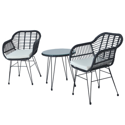 Ensemble de bistrot d'extérieur 3 pièces en rotin et osier avec coussins et table
