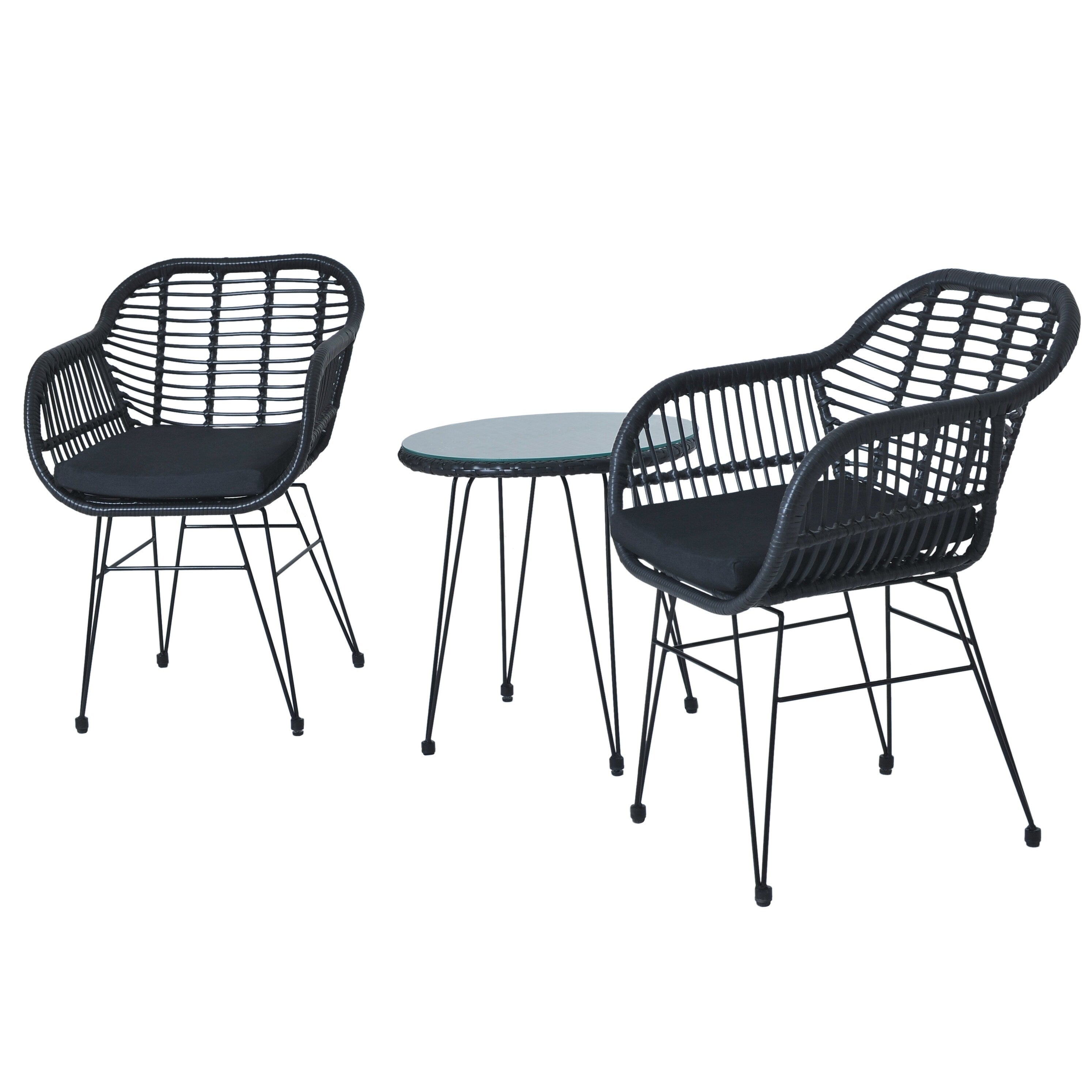 Ensemble de bistrot d'extérieur 3 pièces en rotin et osier avec coussins et table