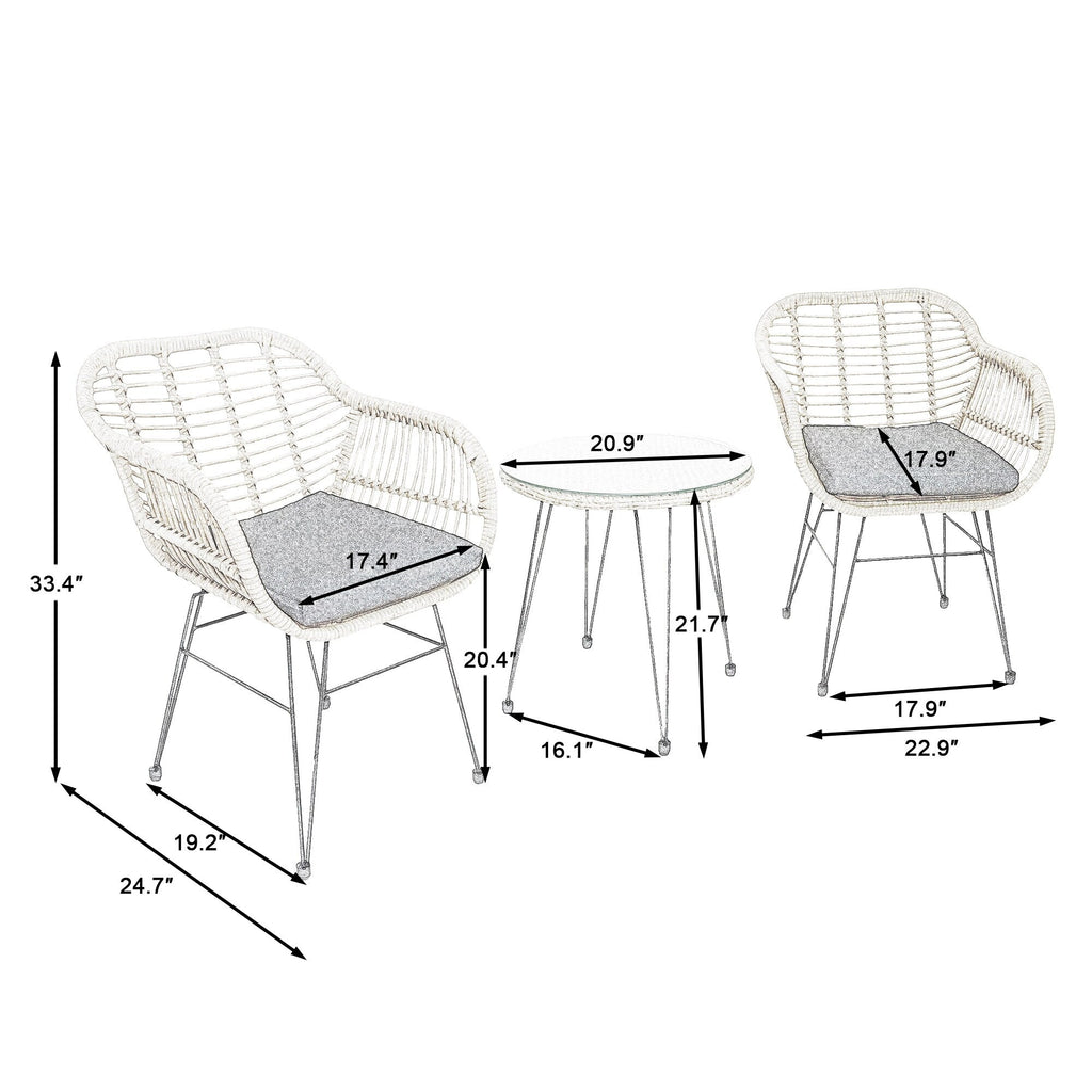 Ensemble de bistrot d'extérieur 3 pièces en rotin et osier avec coussins et table