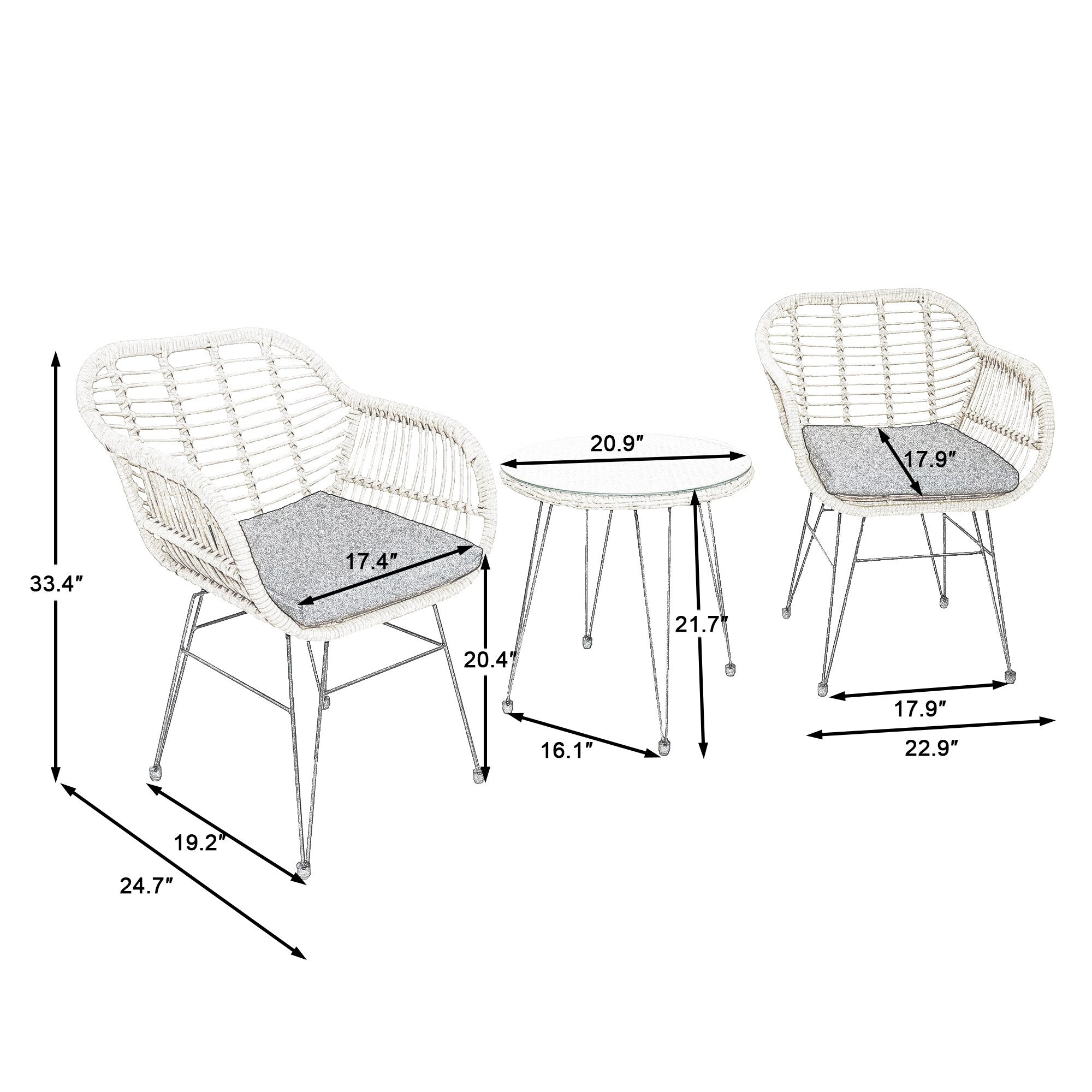 Ensemble de bistrot d'extérieur 3 pièces en rotin et osier avec coussins et table
