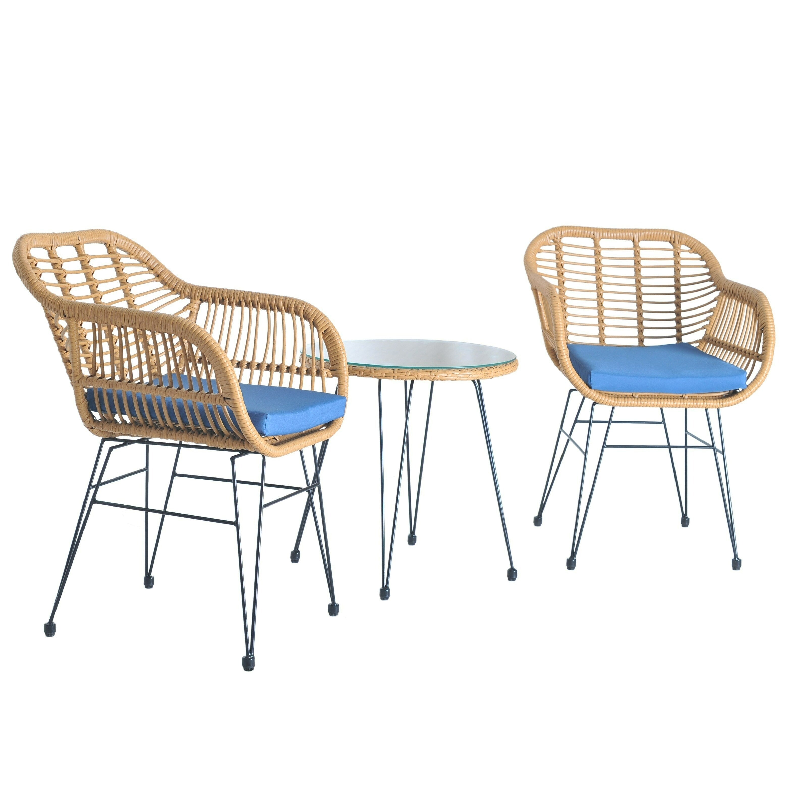 Ensemble de bistrot d'extérieur 3 pièces en rotin et osier avec coussins et table