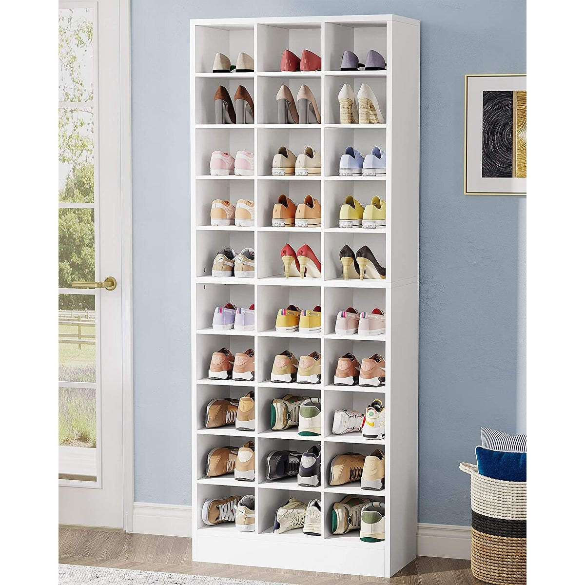 Meuble à chaussures haut 30 paires, 10 niveaux, en bois blanc, pour placard, entrée