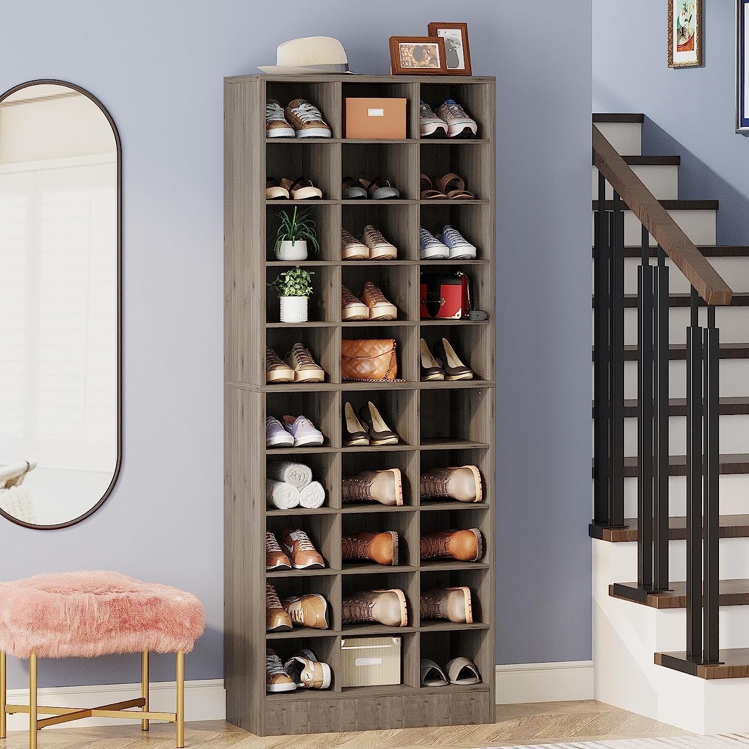Meuble à chaussures haut 30 paires, 10 niveaux, en bois blanc, pour placard, entrée