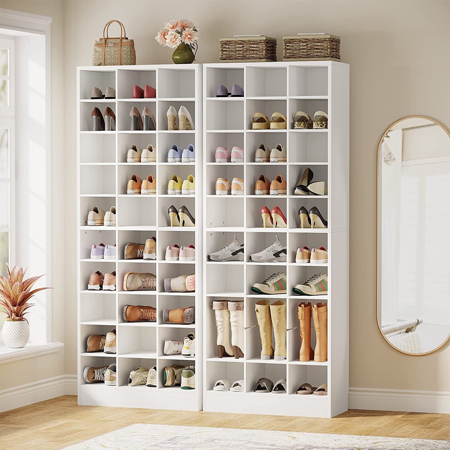 Meuble à chaussures haut 30 paires, 10 niveaux, en bois blanc, pour placard, entrée