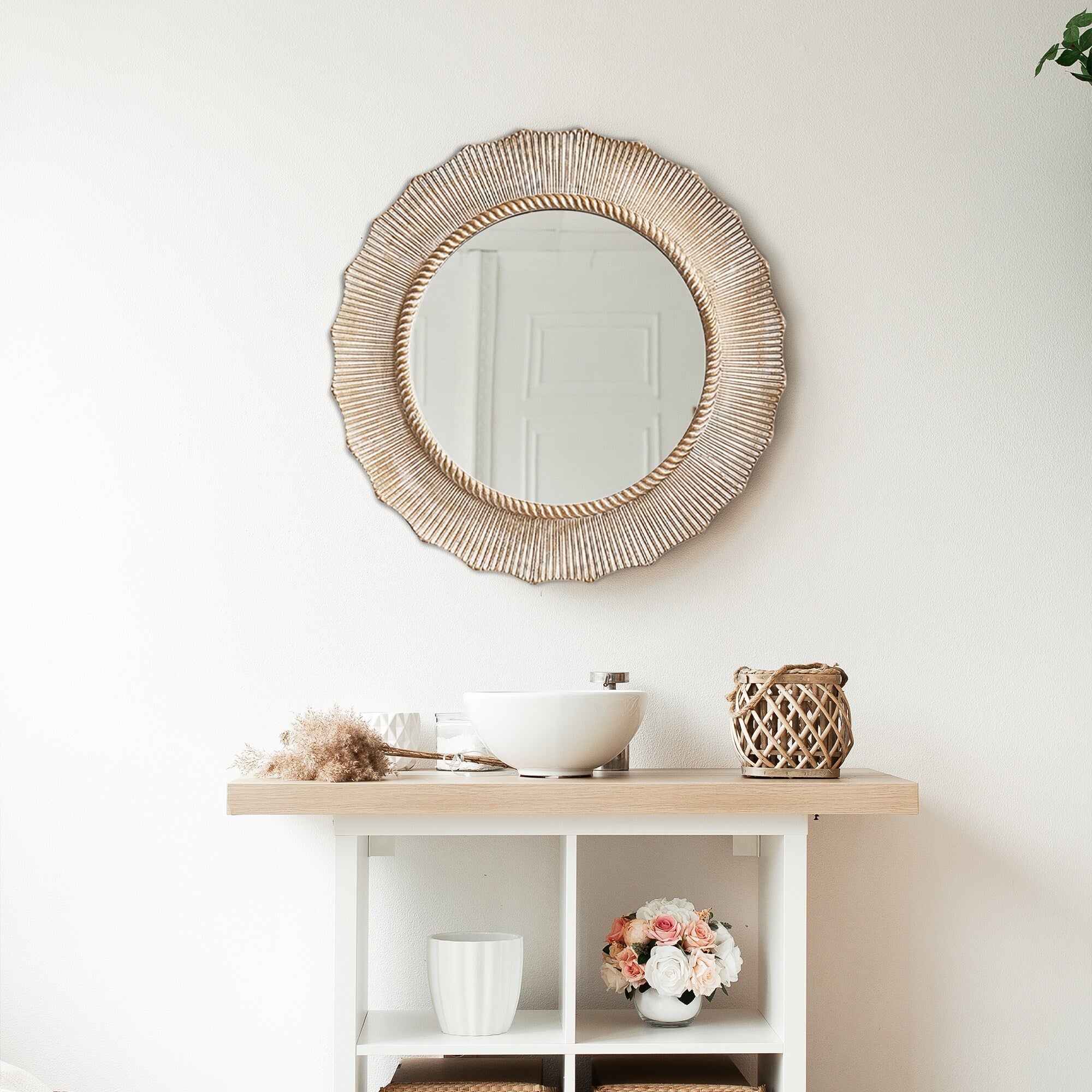 Miroir mural décoratif rond en bois de style bohème beige de 30 po pour salle de bain