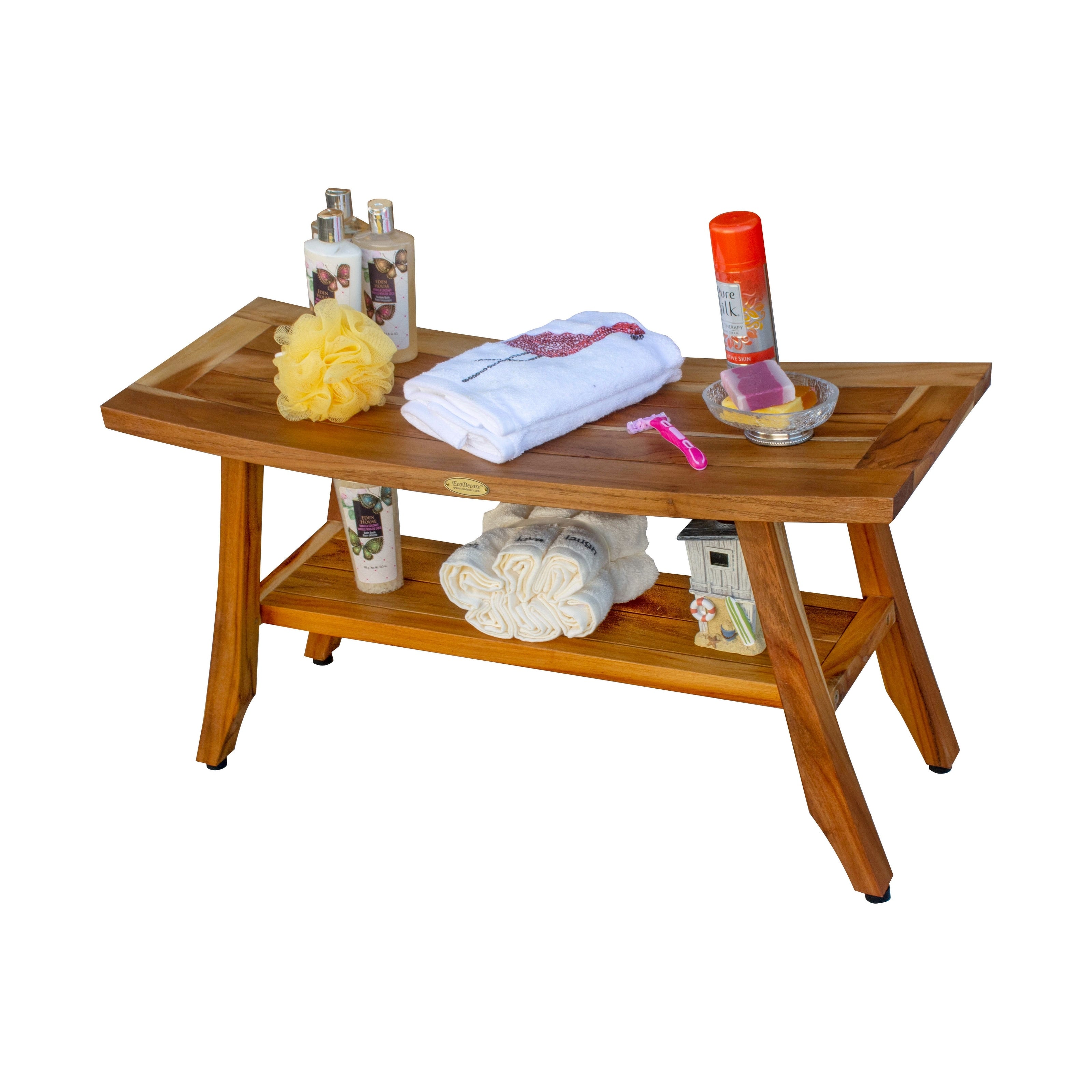 Banc de douche en teck EcoDecors Satori 34 pouces, banc en bois, banc de salle de bain, sièges de douche pour adultes, tabouret de douche en teck