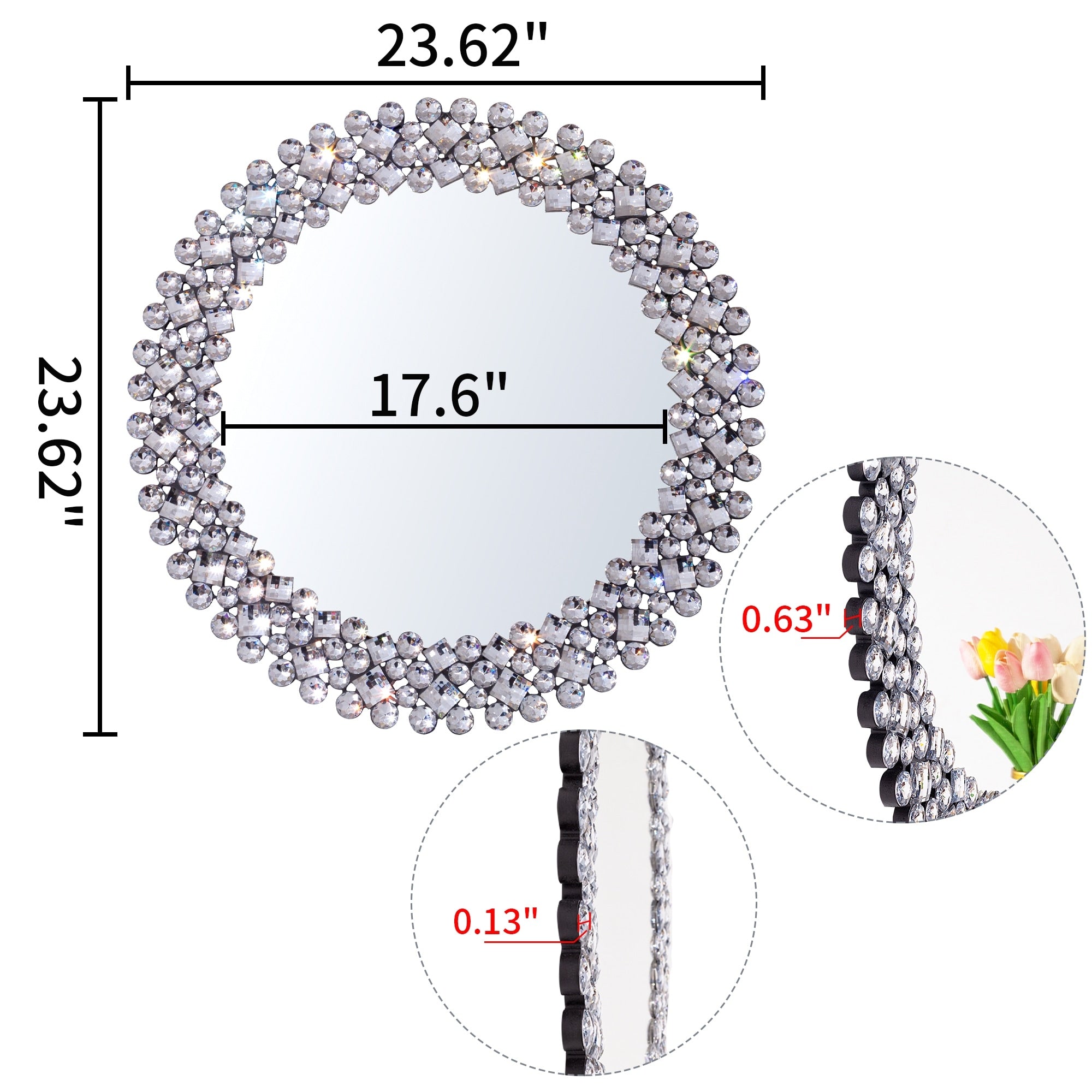 Miroir mural rond avec accents en cristal