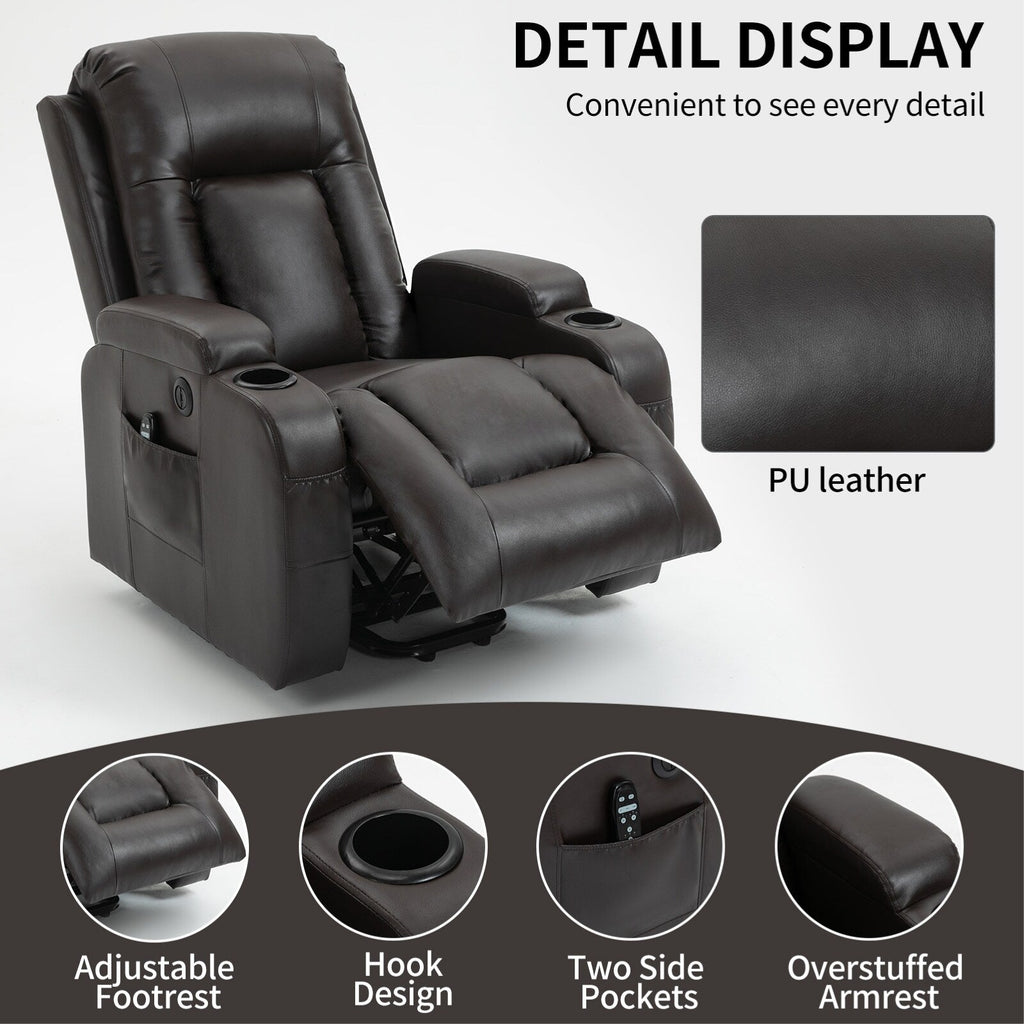 Fauteuil inclinable électrique pour personnes âgées, 8 réglages de massage, chauffage, USB, porte-gobelets