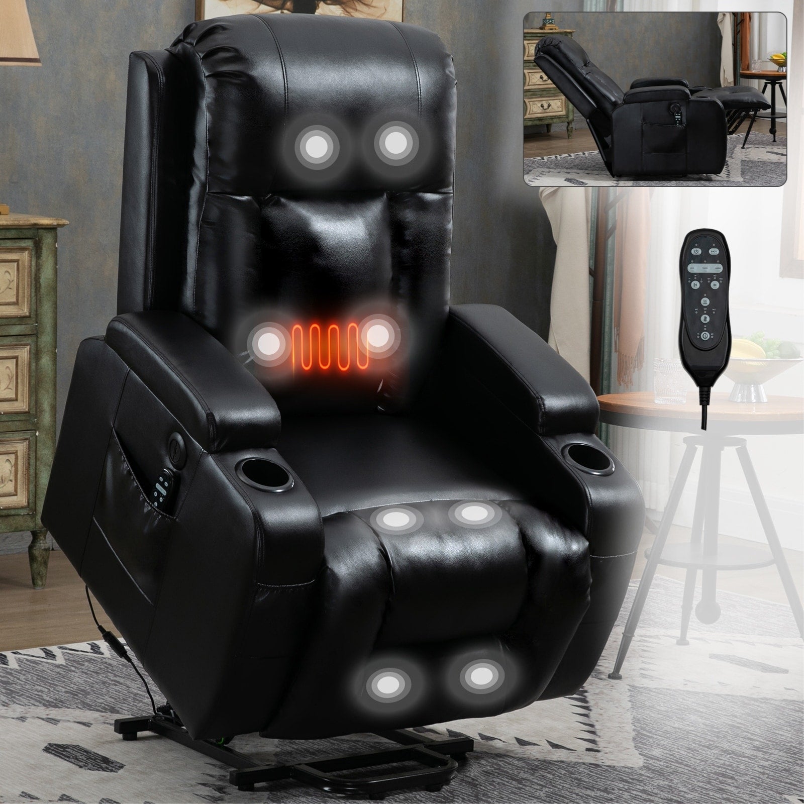 Fauteuil inclinable électrique pour personnes âgées, 8 réglages de massage, chauffage, USB, porte-gobelets