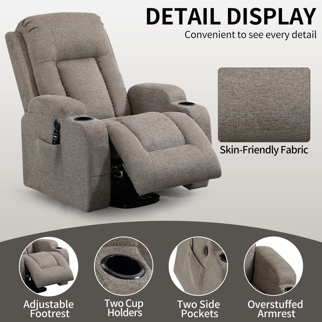 Fauteuil inclinable électrique pour personnes âgées, 8 réglages de massage, chauffage, USB, porte-gobelets