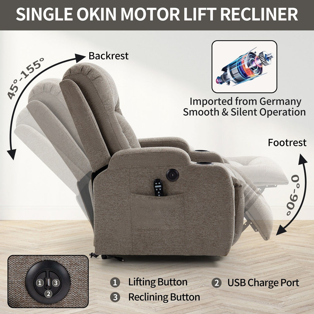 Fauteuil inclinable électrique pour personnes âgées, 8 réglages de massage, chauffage, USB, porte-gobelets
