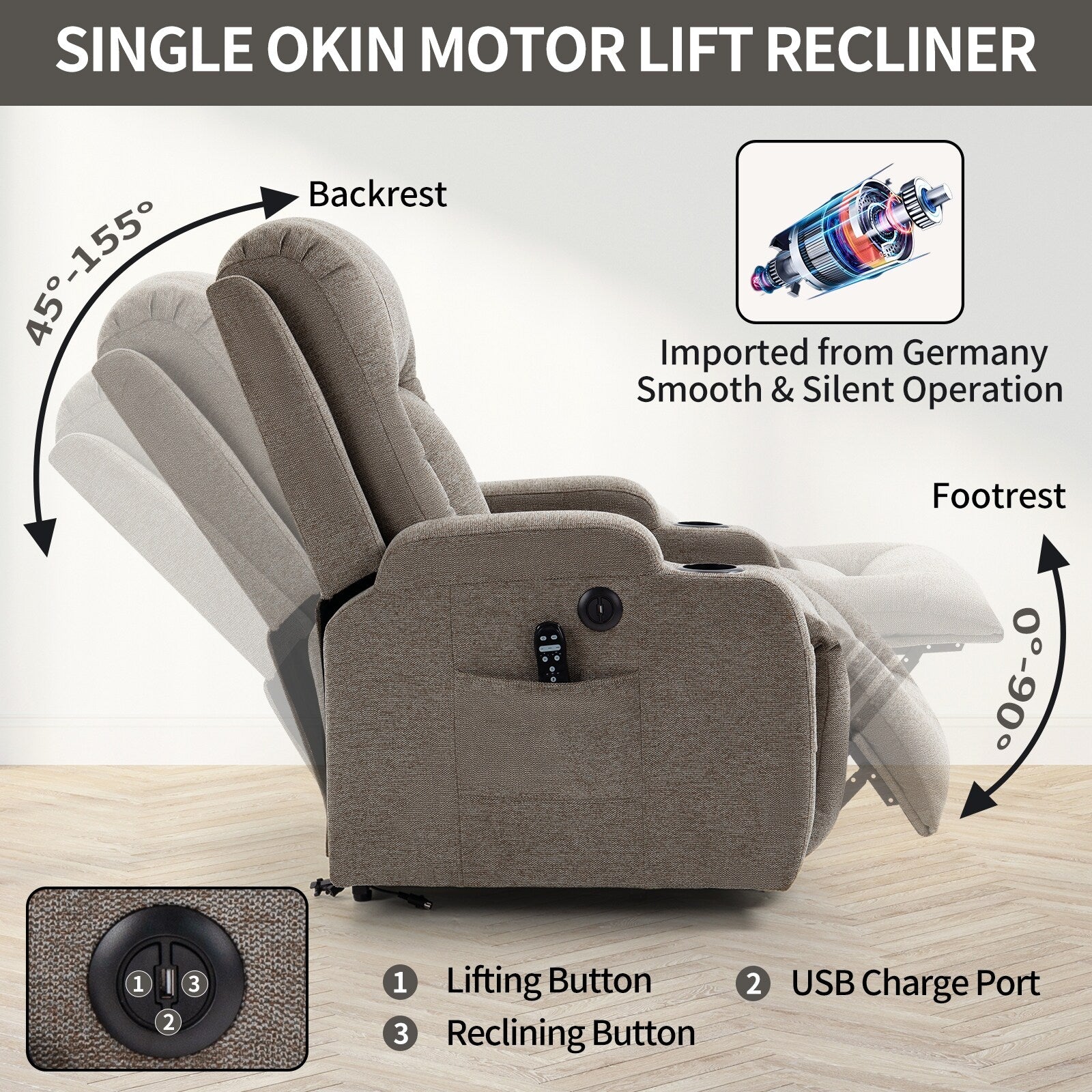 Fauteuil inclinable électrique pour personnes âgées, 8 réglages de massage, chauffage, USB, porte-gobelets
