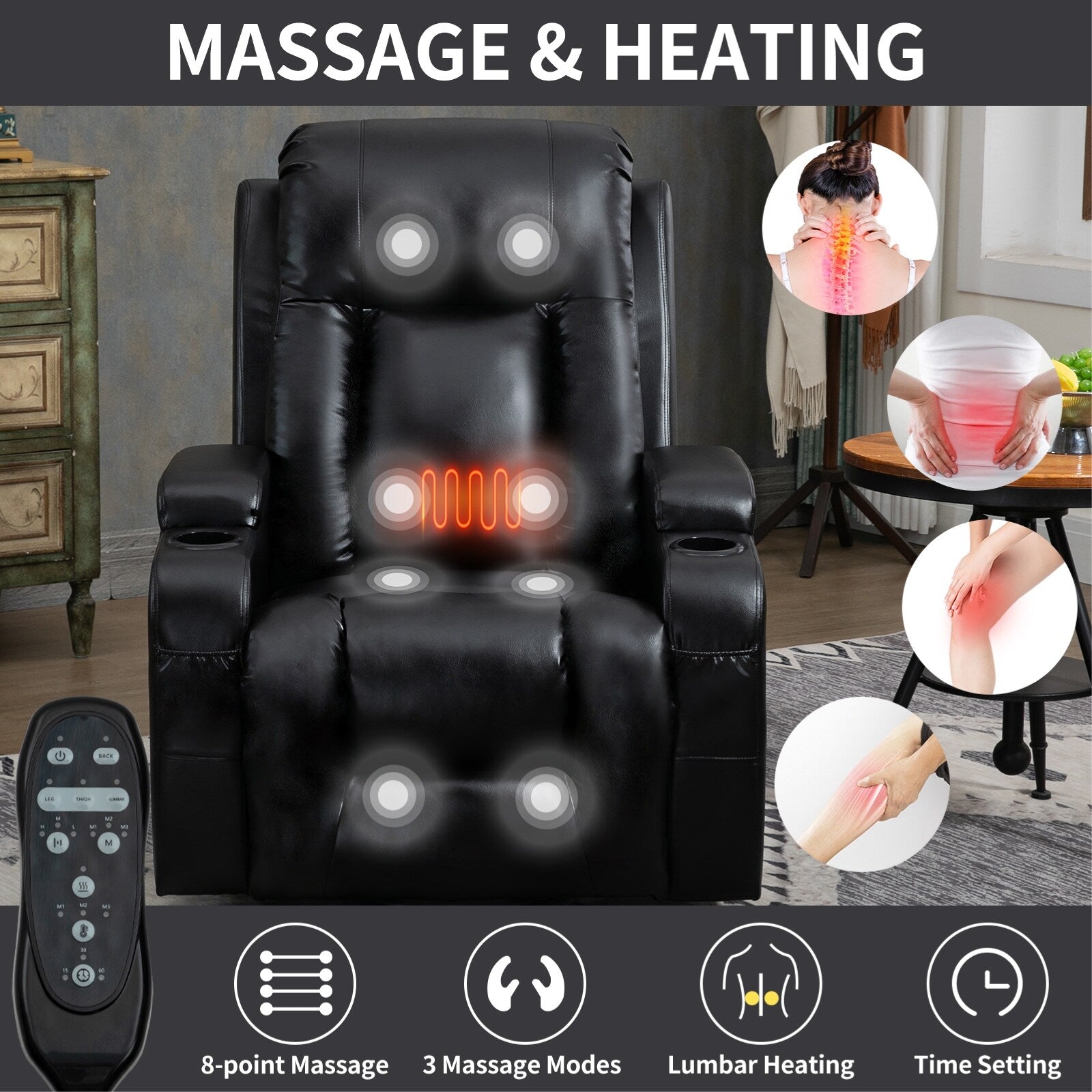 Fauteuil inclinable électrique pour personnes âgées, 8 réglages de massage, chauffage, USB, porte-gobelets