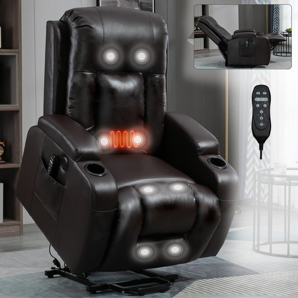Fauteuil inclinable électrique pour personnes âgées, 8 réglages de massage, chauffage, USB, porte-gobelets