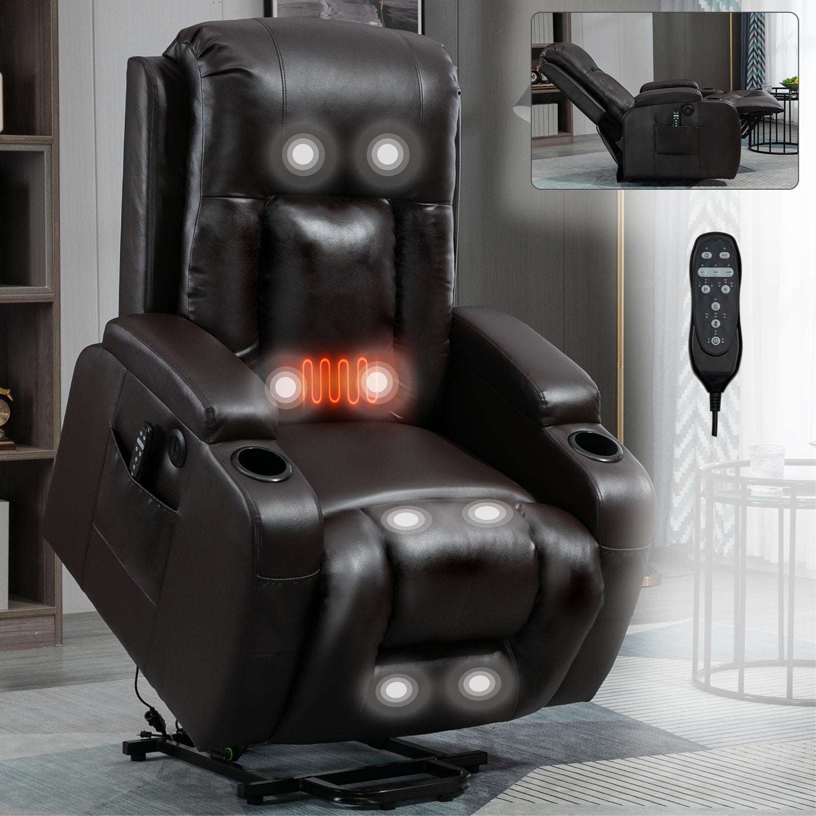 Fauteuil inclinable électrique pour personnes âgées, 8 réglages de massage, chauffage, USB, porte-gobelets