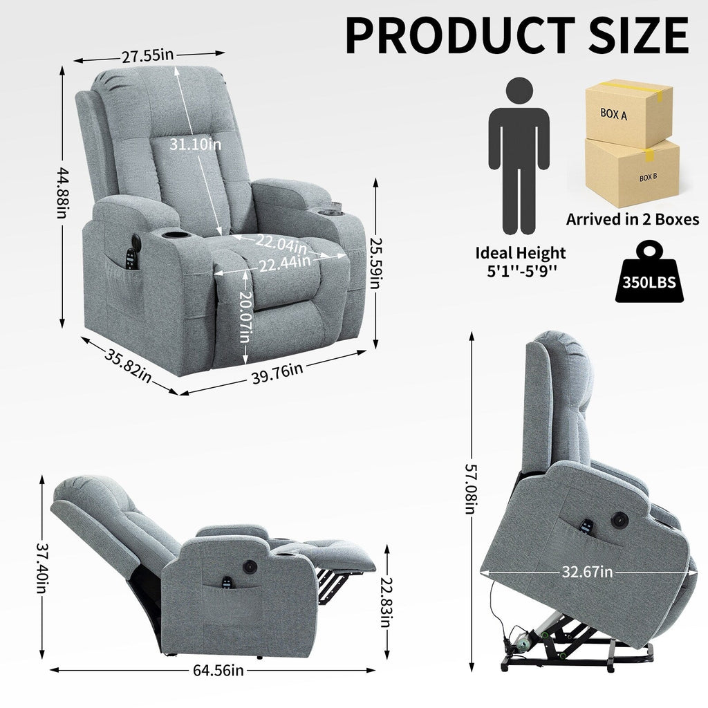 Fauteuil inclinable électrique pour personnes âgées, 8 réglages de massage, chauffage, USB, porte-gobelets
