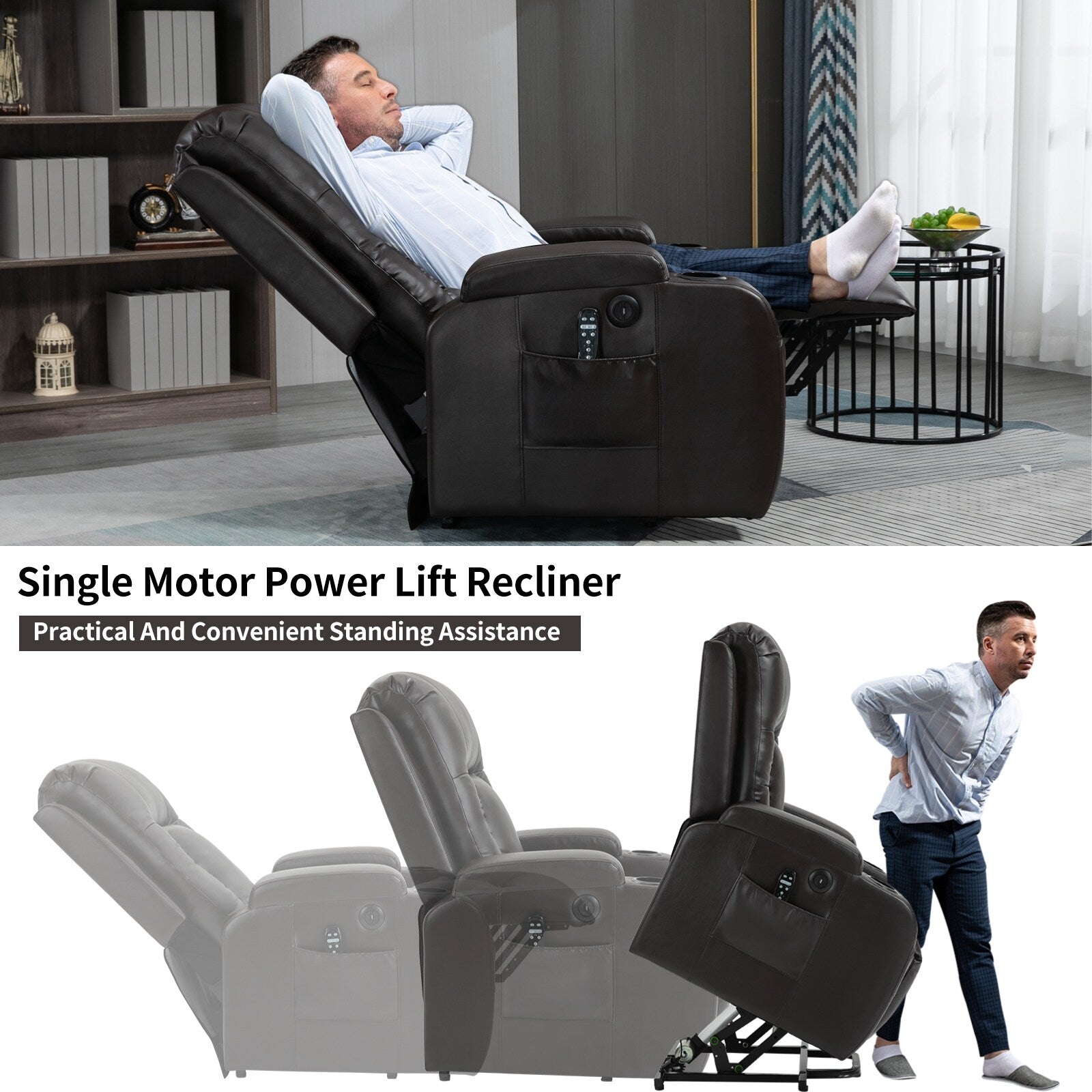 Fauteuil inclinable électrique pour personnes âgées, 8 réglages de massage, chauffage, USB, porte-gobelets