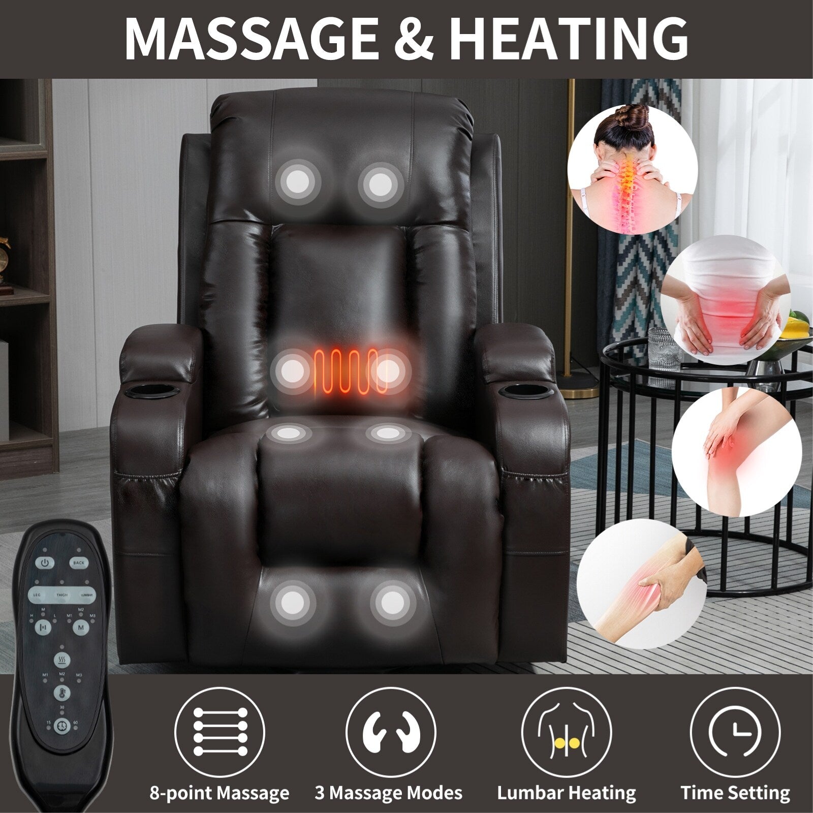 Fauteuil inclinable électrique pour personnes âgées, 8 réglages de massage, chauffage, USB, porte-gobelets