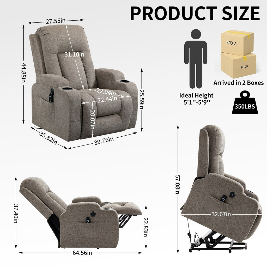 Fauteuil inclinable électrique pour personnes âgées, 8 réglages de massage, chauffage, USB, porte-gobelets