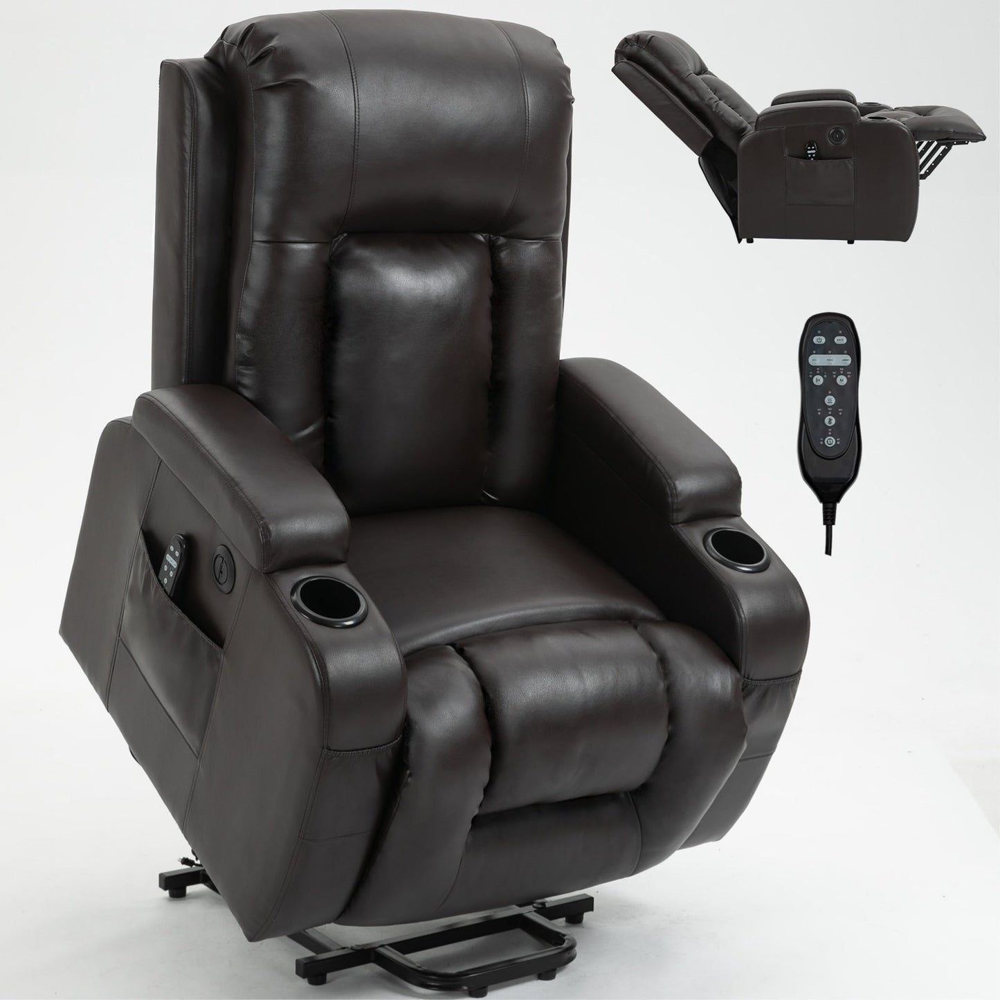 Fauteuil inclinable électrique pour personnes âgées, 8 réglages de massage, chauffage, USB, porte-gobelets