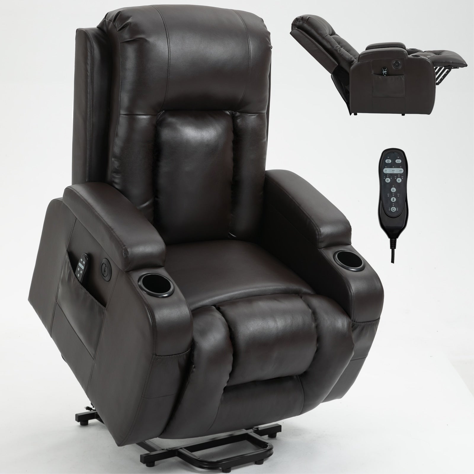 Fauteuil inclinable électrique pour personnes âgées, 8 réglages de massage, chauffage, USB, porte-gobelets