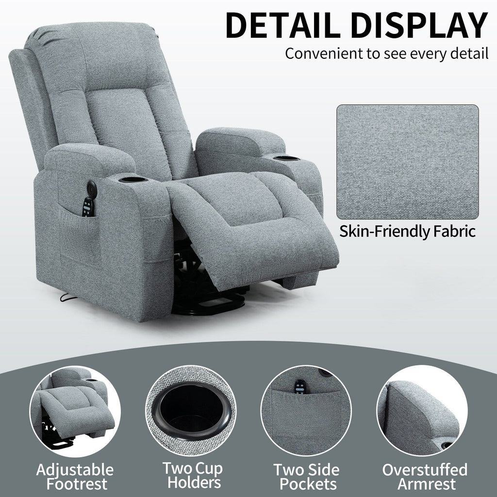 Fauteuil inclinable électrique pour personnes âgées, 8 réglages de massage, chauffage, USB, porte-gobelets