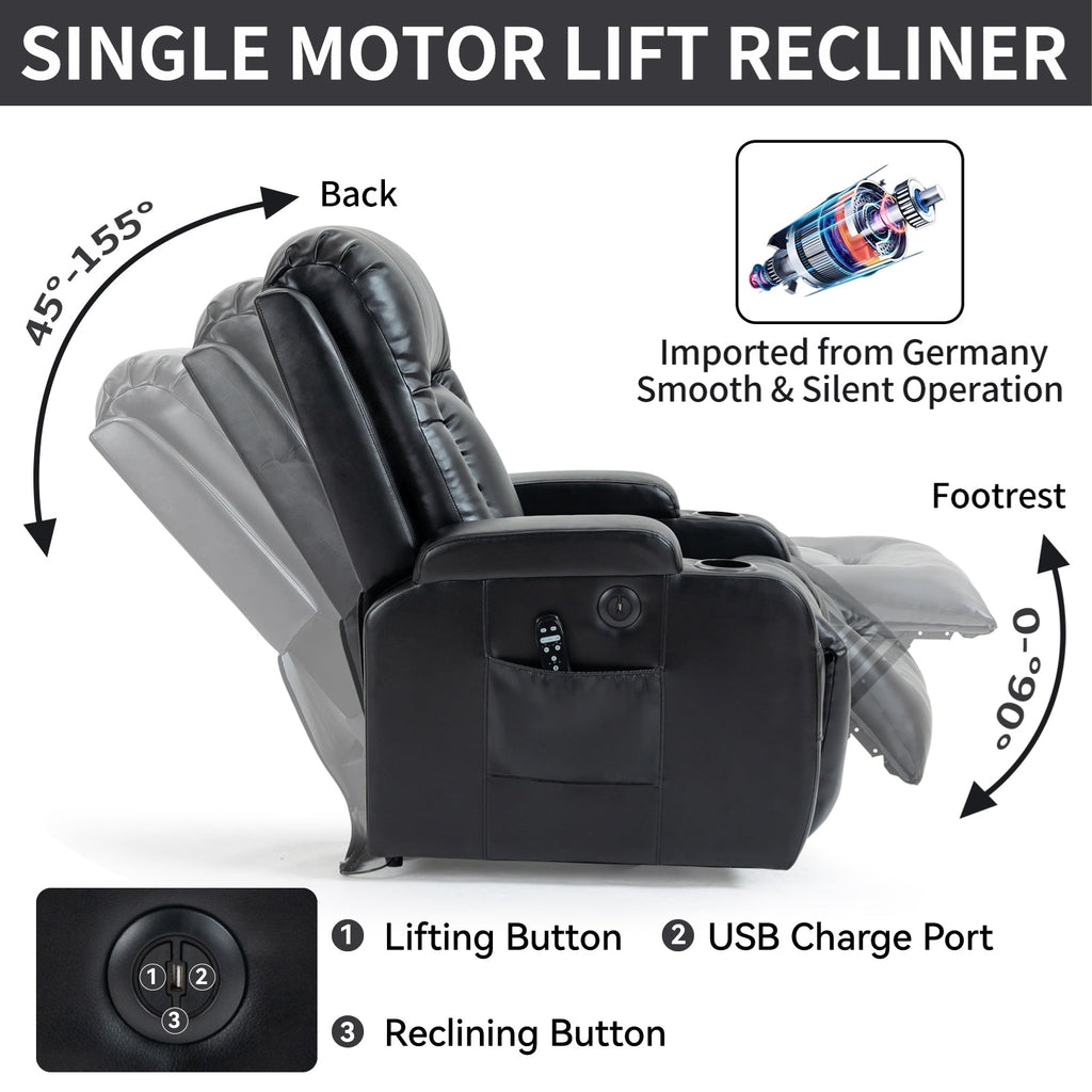 Fauteuil inclinable électrique pour personnes âgées, 8 réglages de massage, chauffage, USB, porte-gobelets