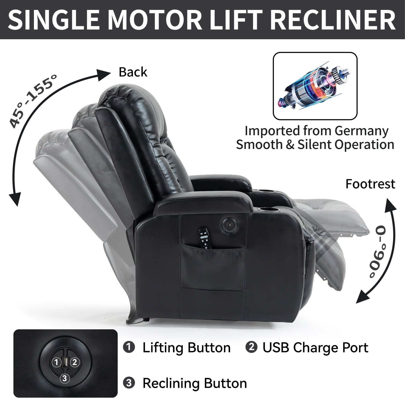 Fauteuil inclinable électrique pour personnes âgées, 8 réglages de massage, chauffage, USB, porte-gobelets