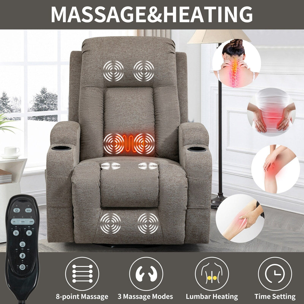 Fauteuil inclinable électrique pour personnes âgées, 8 réglages de massage, chauffage, USB, porte-gobelets
