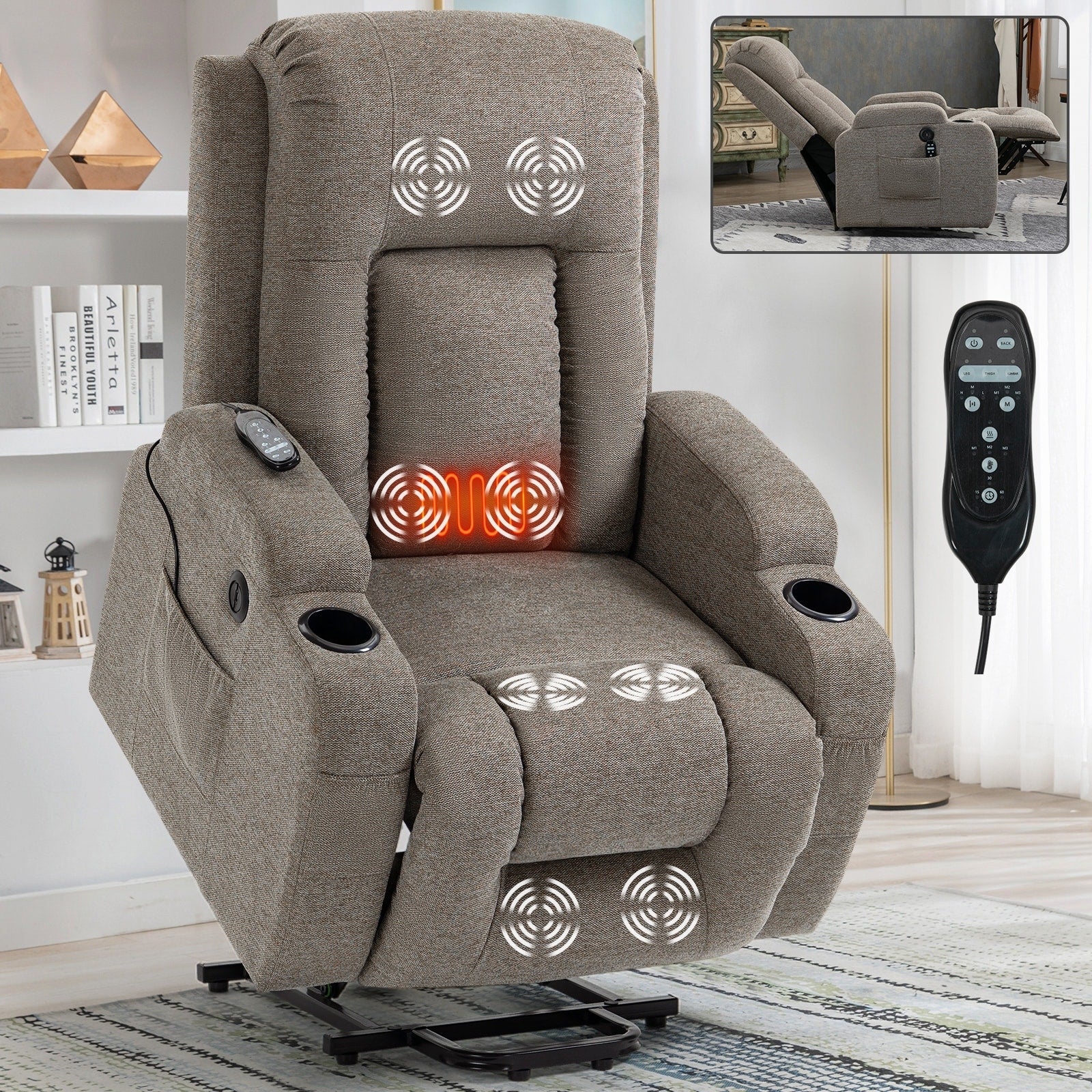Fauteuil inclinable électrique pour personnes âgées, 8 réglages de massage, chauffage, USB, porte-gobelets