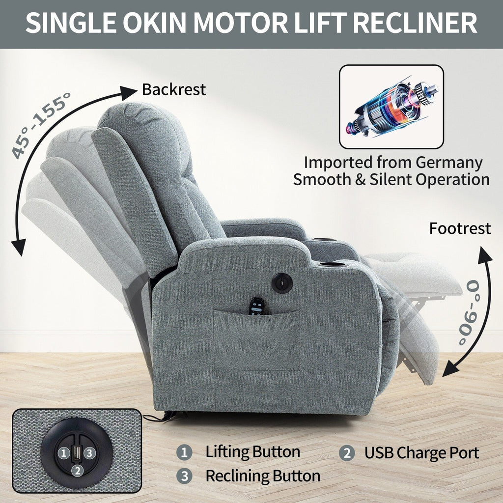 Fauteuil inclinable électrique pour personnes âgées, 8 réglages de massage, chauffage, USB, porte-gobelets