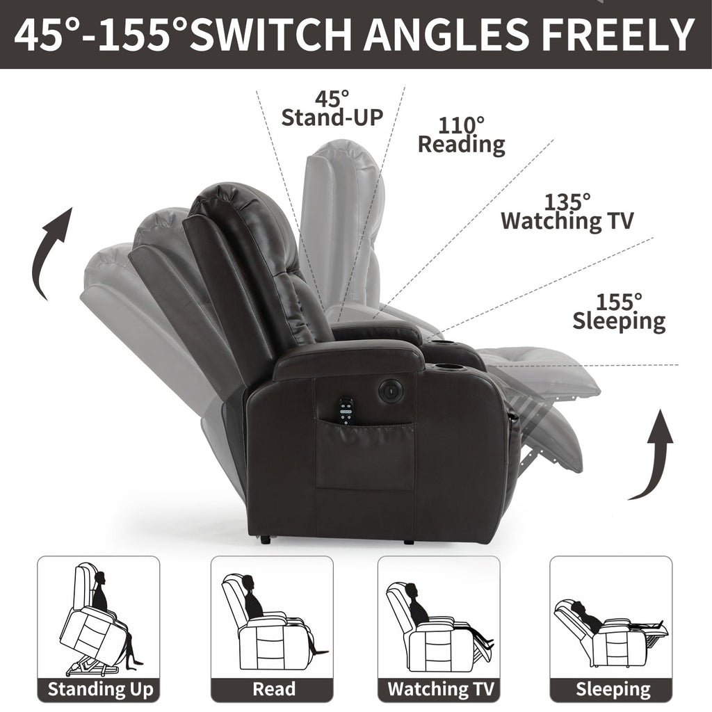 Fauteuil inclinable électrique pour personnes âgées, 8 réglages de massage, chauffage, USB, porte-gobelets