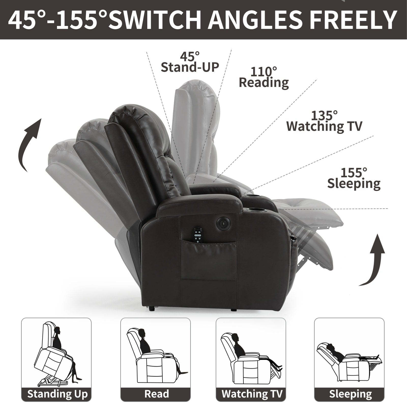 Fauteuil inclinable électrique pour personnes âgées, 8 réglages de massage, chauffage, USB, porte-gobelets